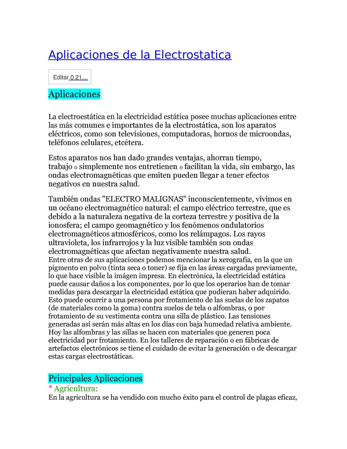 345435230 Aplicaciones de La Electrostatica - Aplicaciones de la  Electrostatica Editar 0 21 ... - Studocu