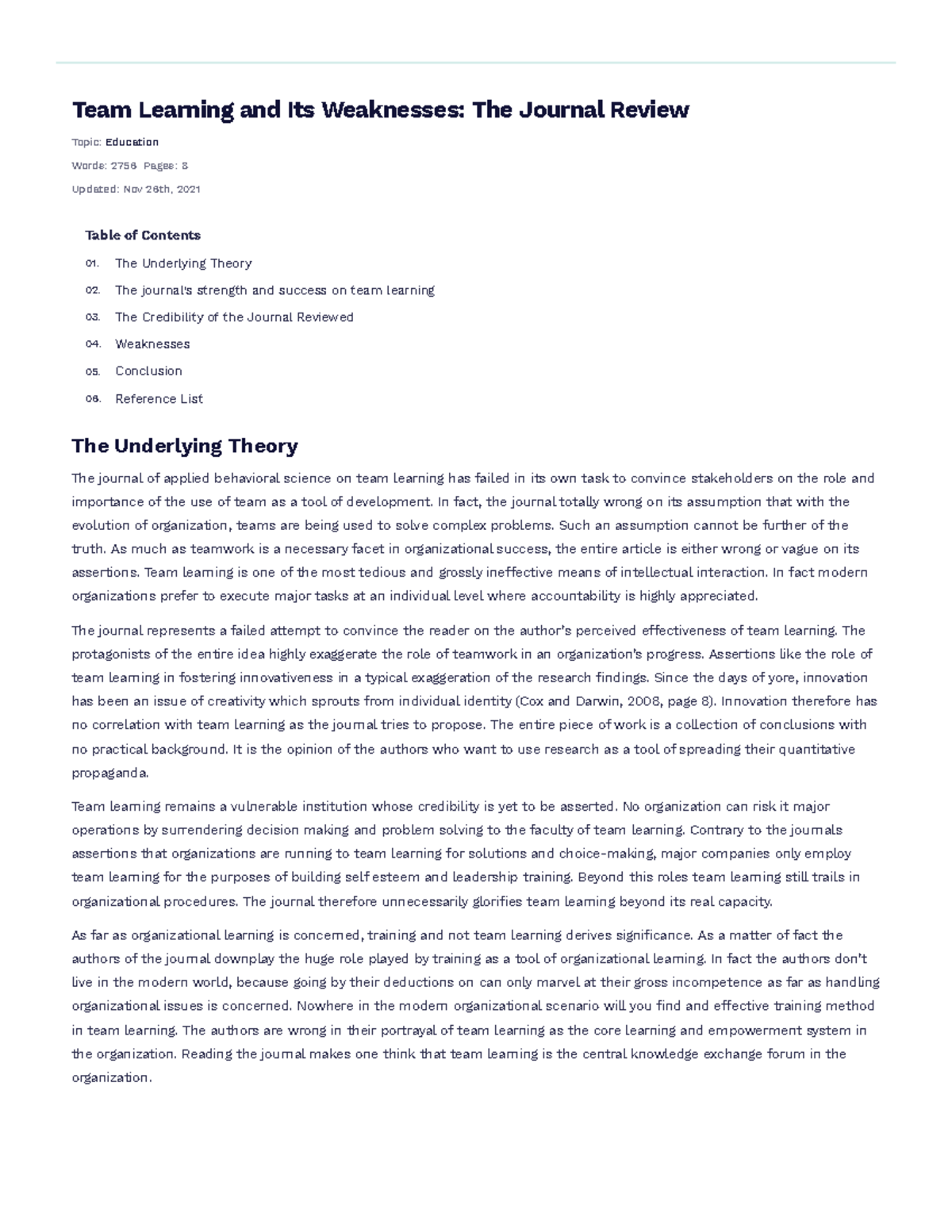 Team Learning and Its Weaknesses- The Journal Review Free Essay Example ...