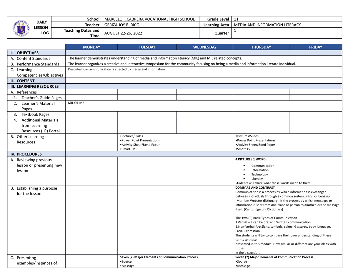 DLL MIL Q1 Week 2 - Lesson Plan - DAILY LESSON LOG School MARCELO I ...