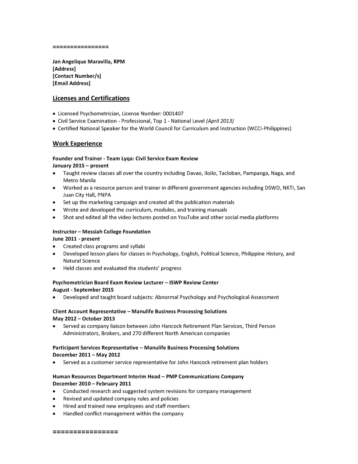 Chronological-Resume - ================ ================ Jan Angelique ...