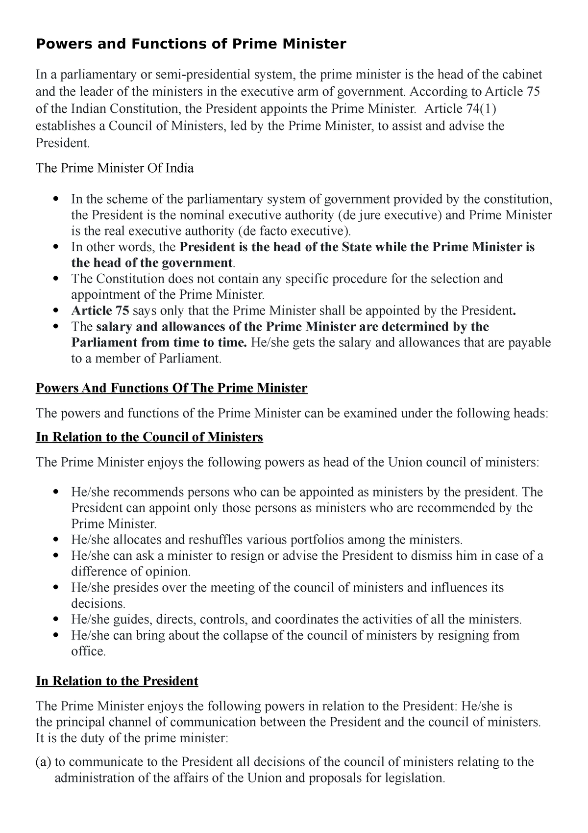 Powers And Functions Of Prime Minister According To Article 75 Of The 