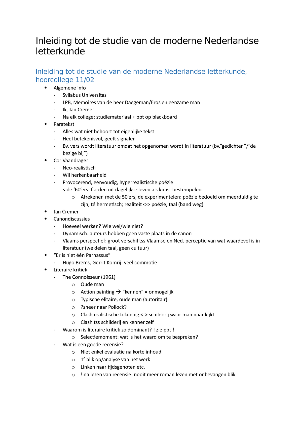 Inleiding tot de studie van de moderne Nederlandse letterkunde Alle colleges + enkele opdrachten van foto