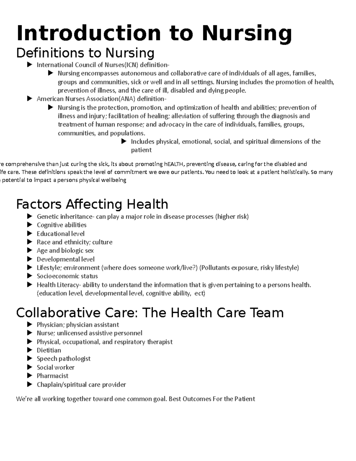 Chapter 1 notes - Introduction to Nursing Definitions to Nursing ...