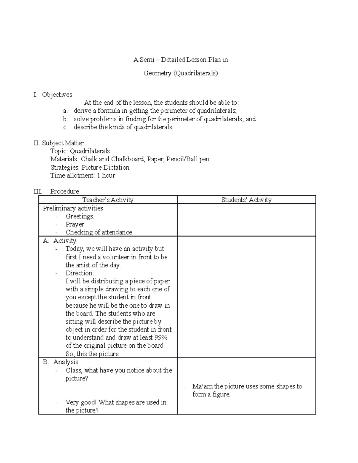 Detailed lesson plan in strategies - A Semi – Detailed Lesson Plan in ...
