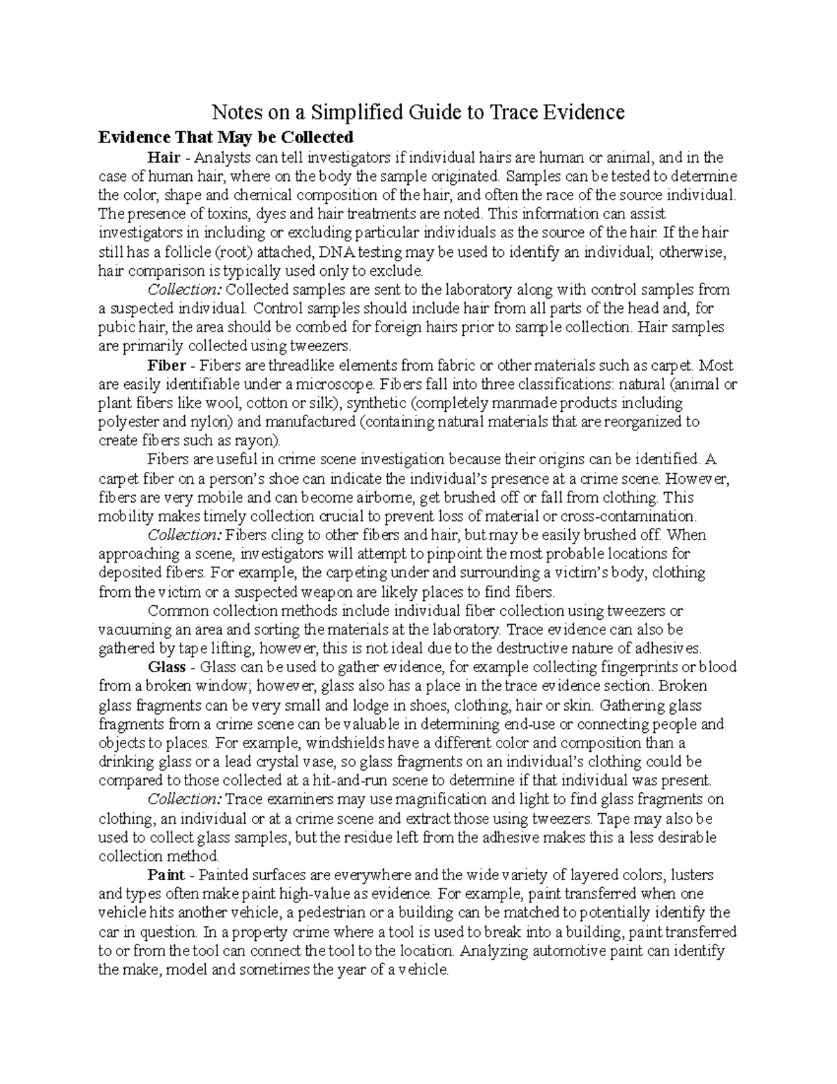 Notes on a Simplified Guide to Trace Evidence - Samples can be tested ...