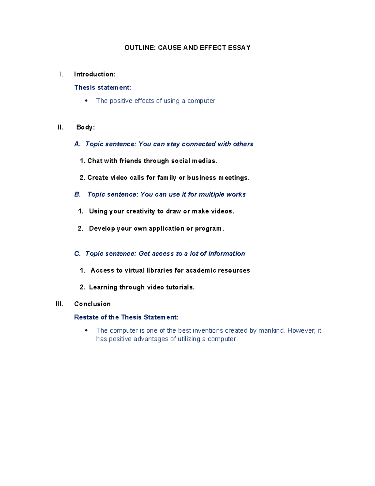 Outline - Cause AND Effect Essay - OUTLINE: CAUSE AND EFFECT ESSAY I ...