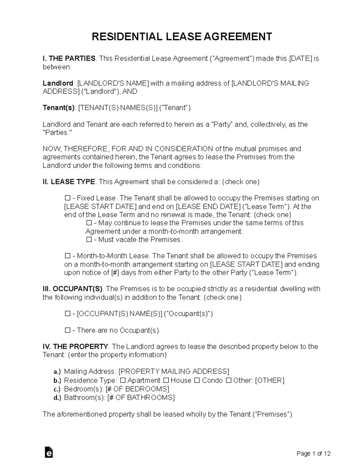 Residential-Lease-Agreement - RESIDENTIAL LEASE AGREEMENT I. THE ...