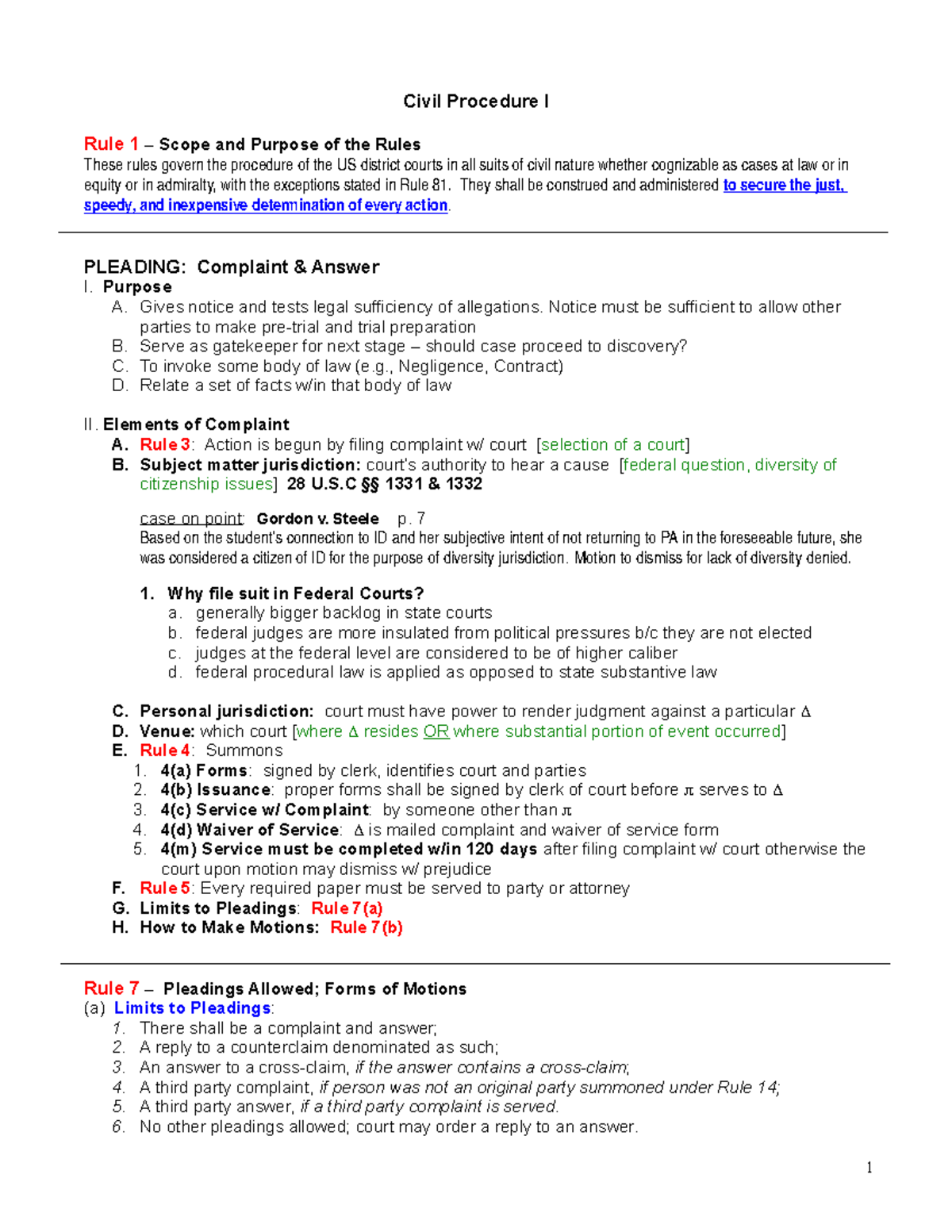 Civil Procedure I Outline - Civil Procedure I Rule 1 – Scope and ...