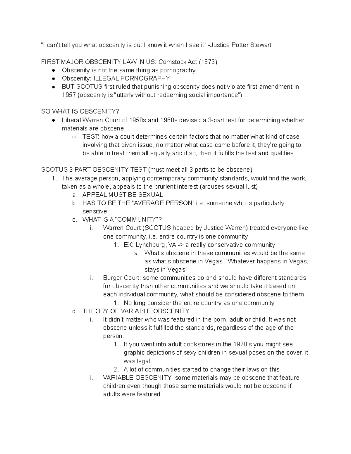 Obscenity - Lecture notes 14 - “I can’t tell you what obscenity is but ...