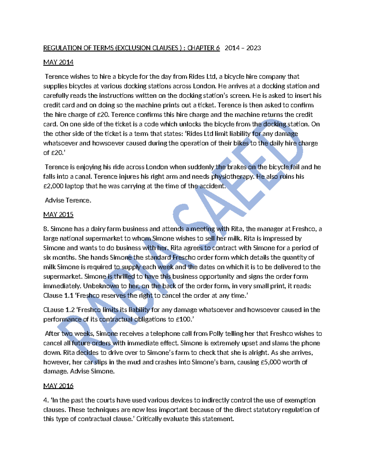 Compiled past papers exclusion clauses - REGULATION OF TERMS (EXCLUSION ...