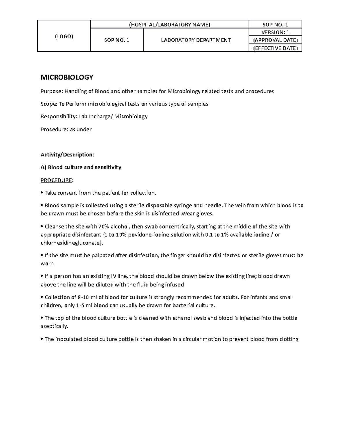 SOP- Template - (LOGO) (HOSPITAL/LABORATORY NAME) SOP NO. 1 SOP NO. 1 ...