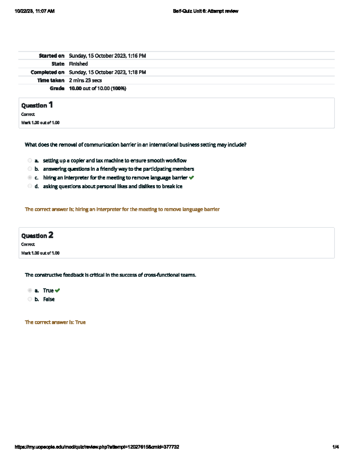 Bus 2207 Self-quiz Unit 6 Attempt 3 Review - 11:07 Am Unit 6: Attempt 