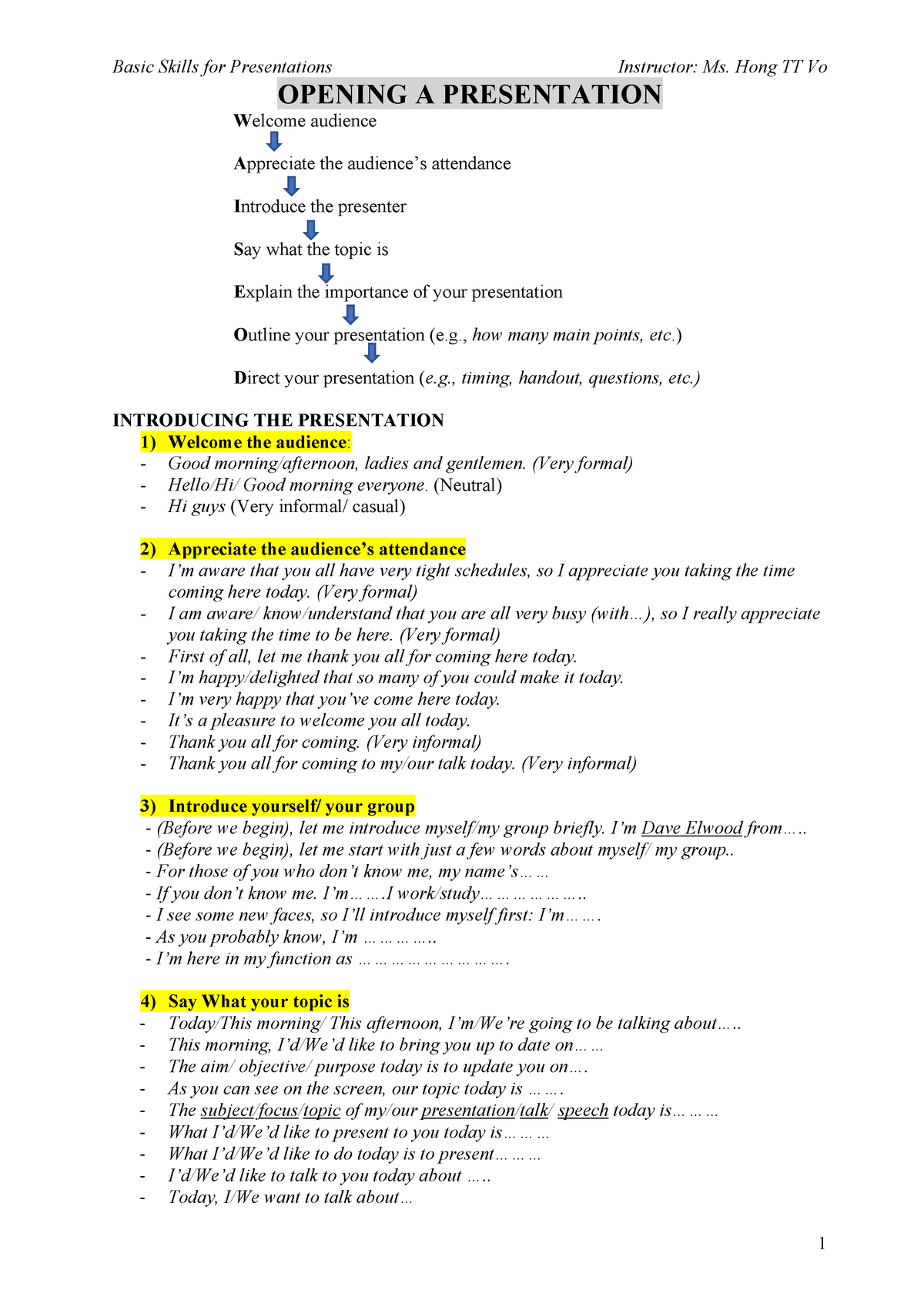 how to open a presentation in english