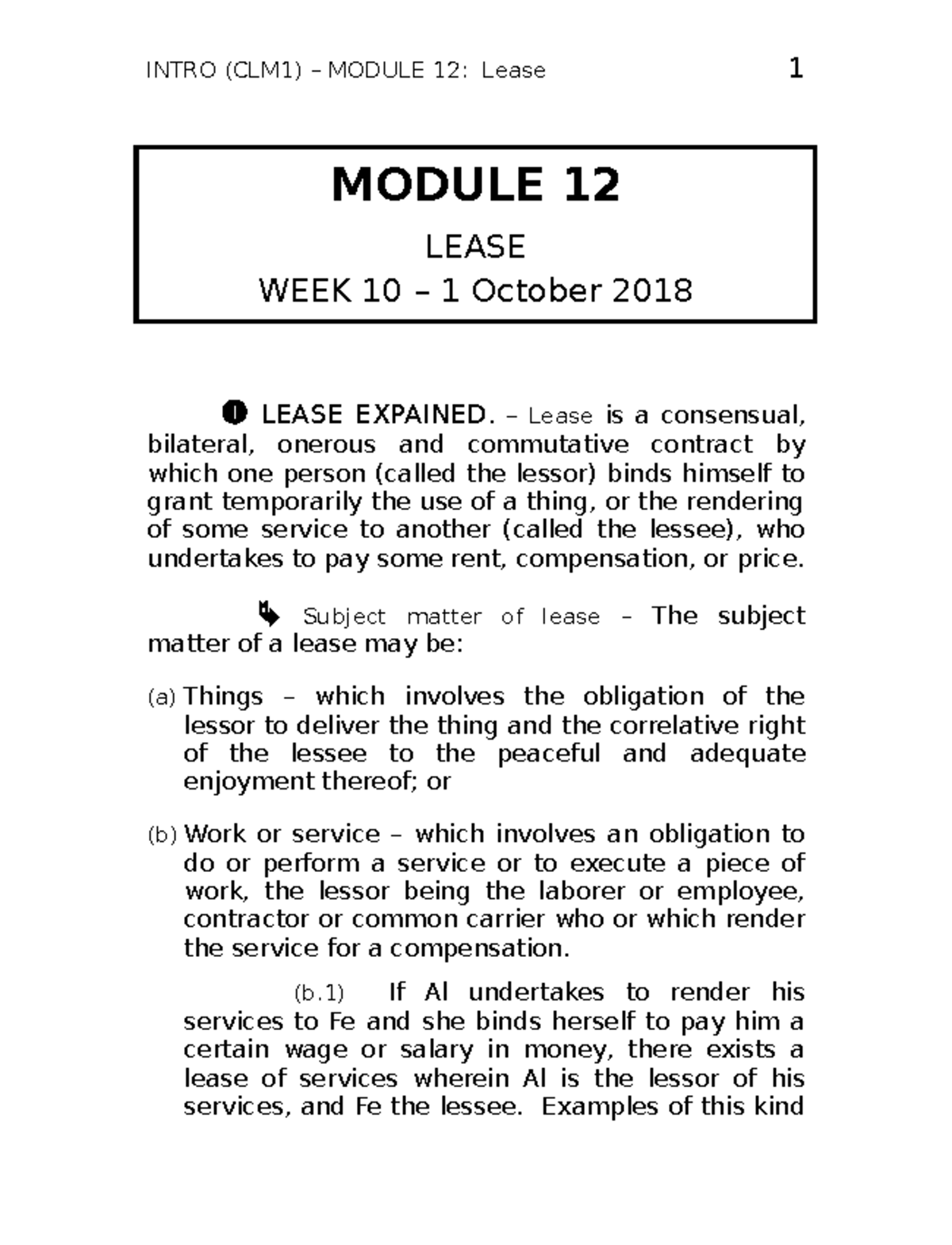 Module-12- Lease - law practice - MODULE 12 LEASE WEEK 10 – 1 October ...