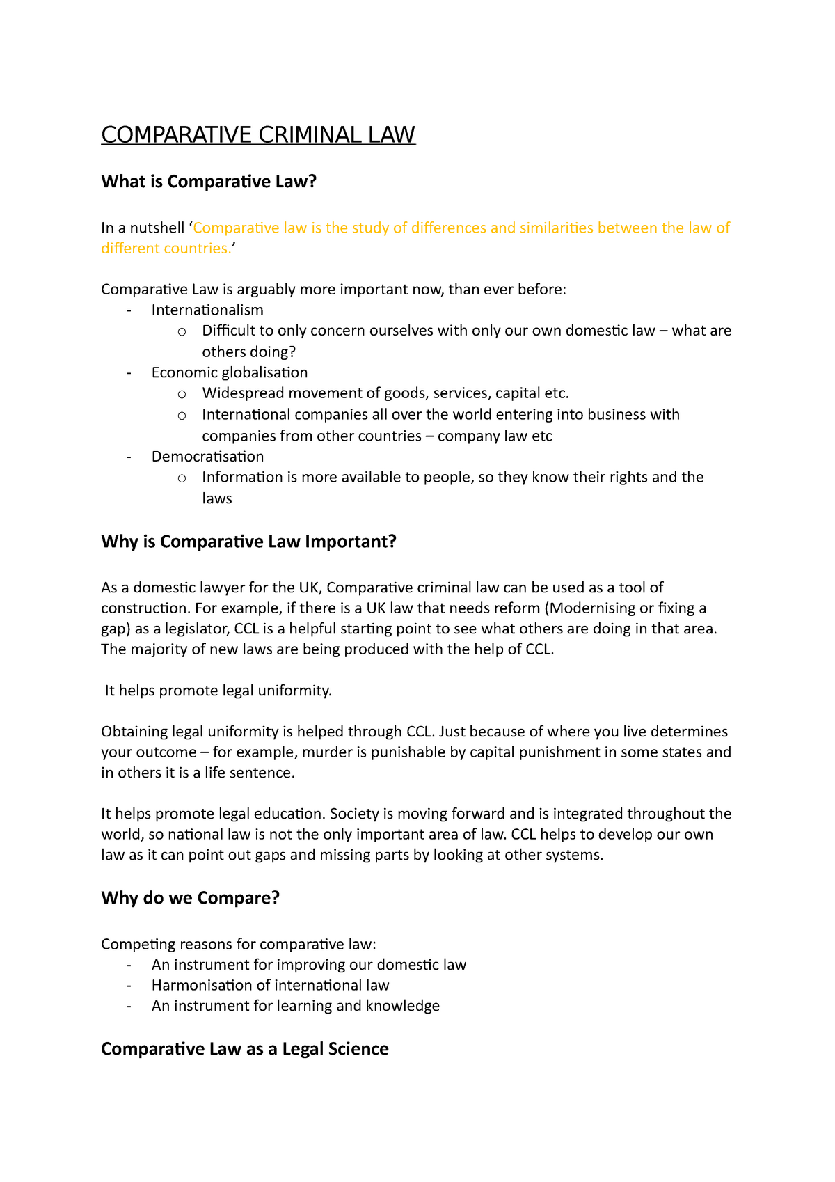 L1 CCL - Lecture Notes 1 - COMPARATIVE CRIMINAL LAW What Is Comparative ...