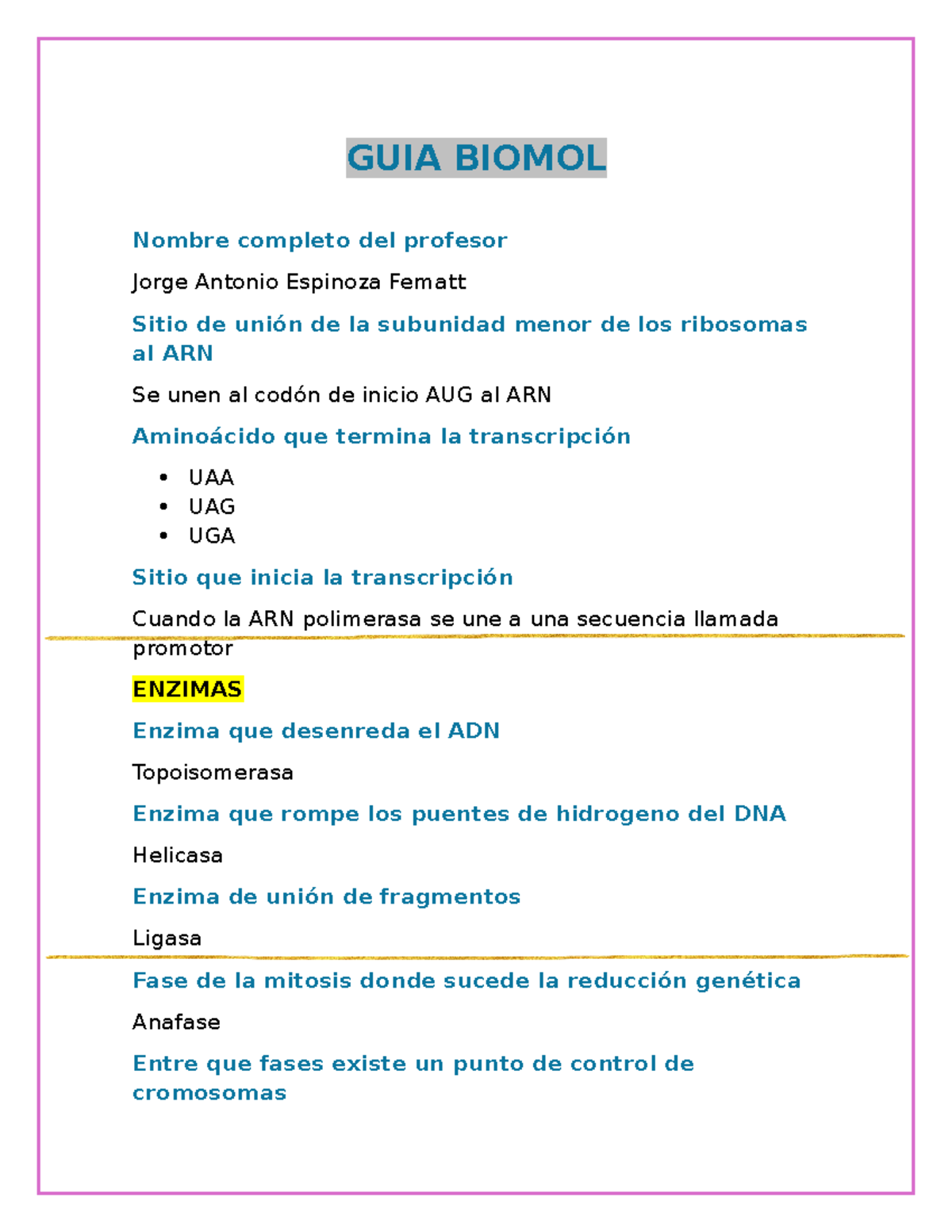 GUIA Biología molecular - GUIA BIOMOL Nombre completo del profesor ...