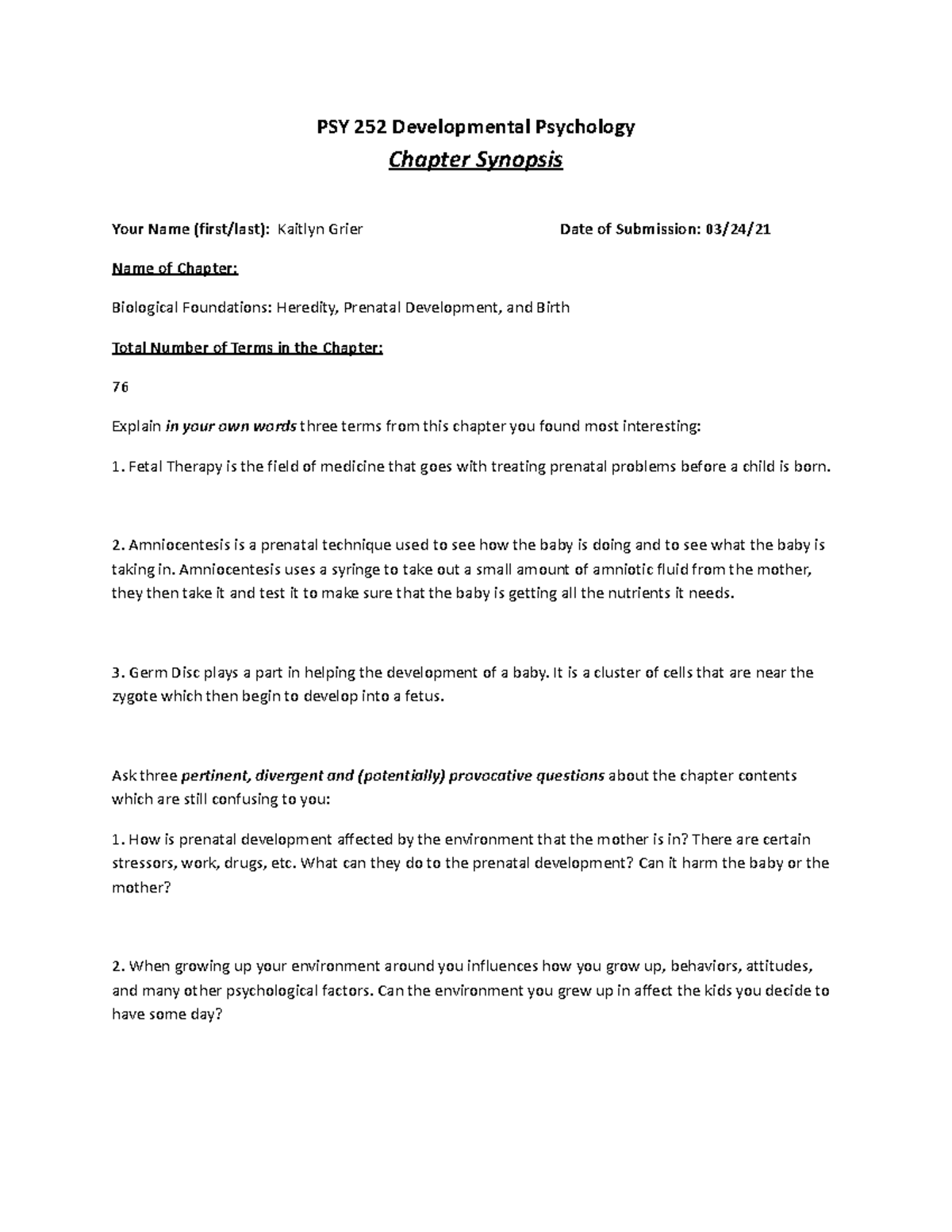 CH 2 PSY 252 Developmental Psychology - PSY 252 Developmental ...