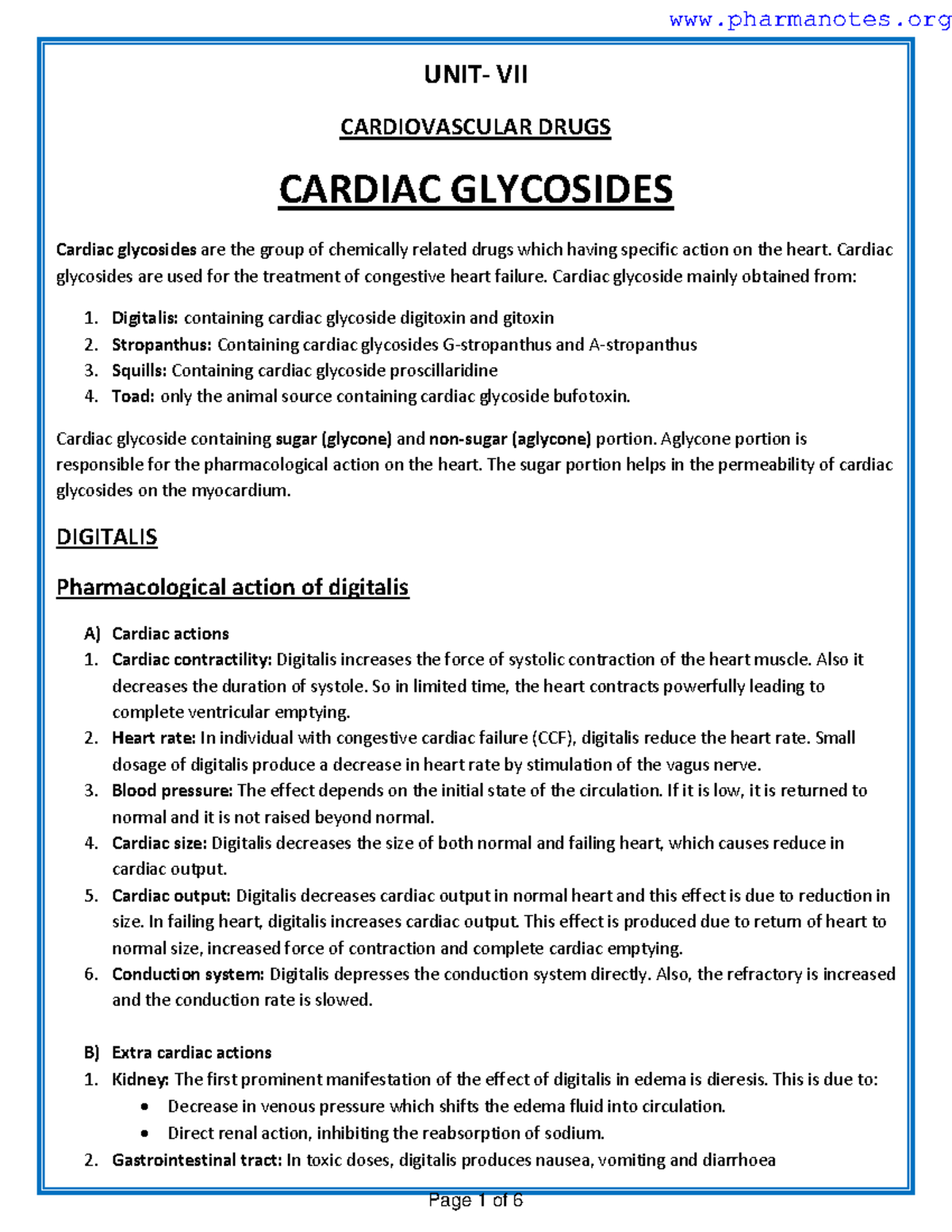 UNIT 7 - UNIT 7 - UNIT- VII CARDIOVASCULAR DRUGS CARDIAC GLYCOSIDES ...