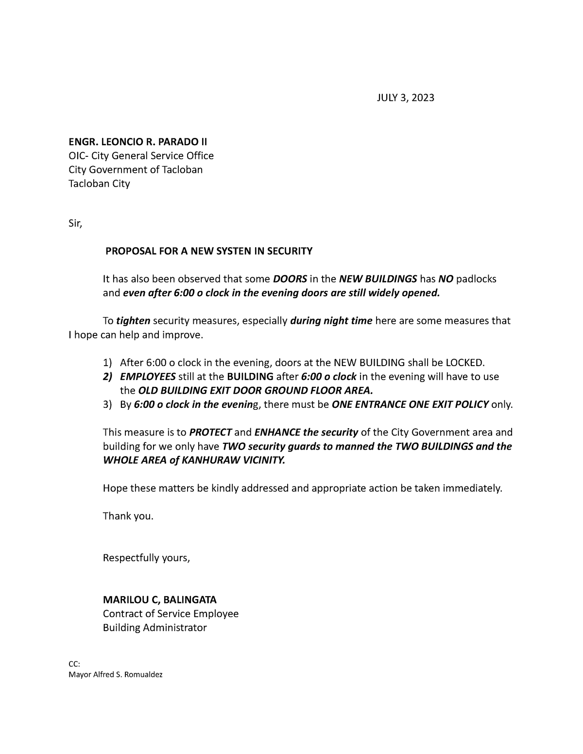 Letter to Angley - JULY 3, 2023 ENGR. LEONCIO R. PARADO II OIC- City ...