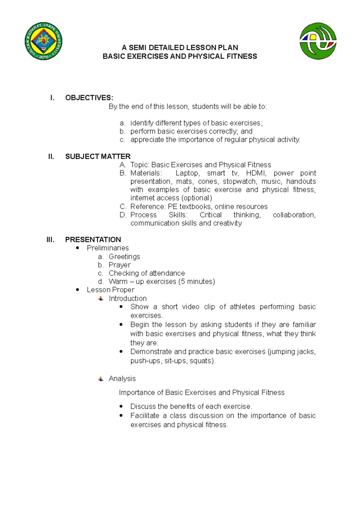 A SEMI Detailed Lesson PLAN - A SEMI DETAILED LESSON PLAN BASIC ...