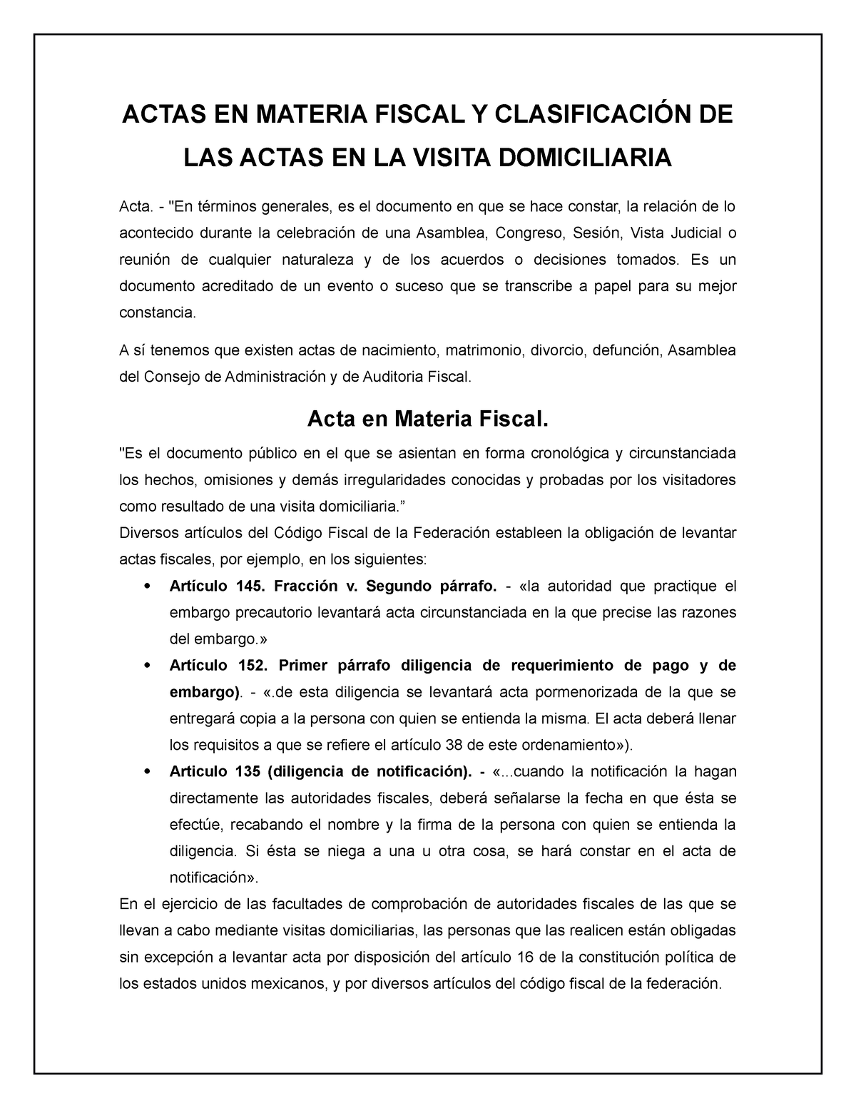 Investigación De Las Actas Actas En Materia Fiscal Y ClasificaciÓn De