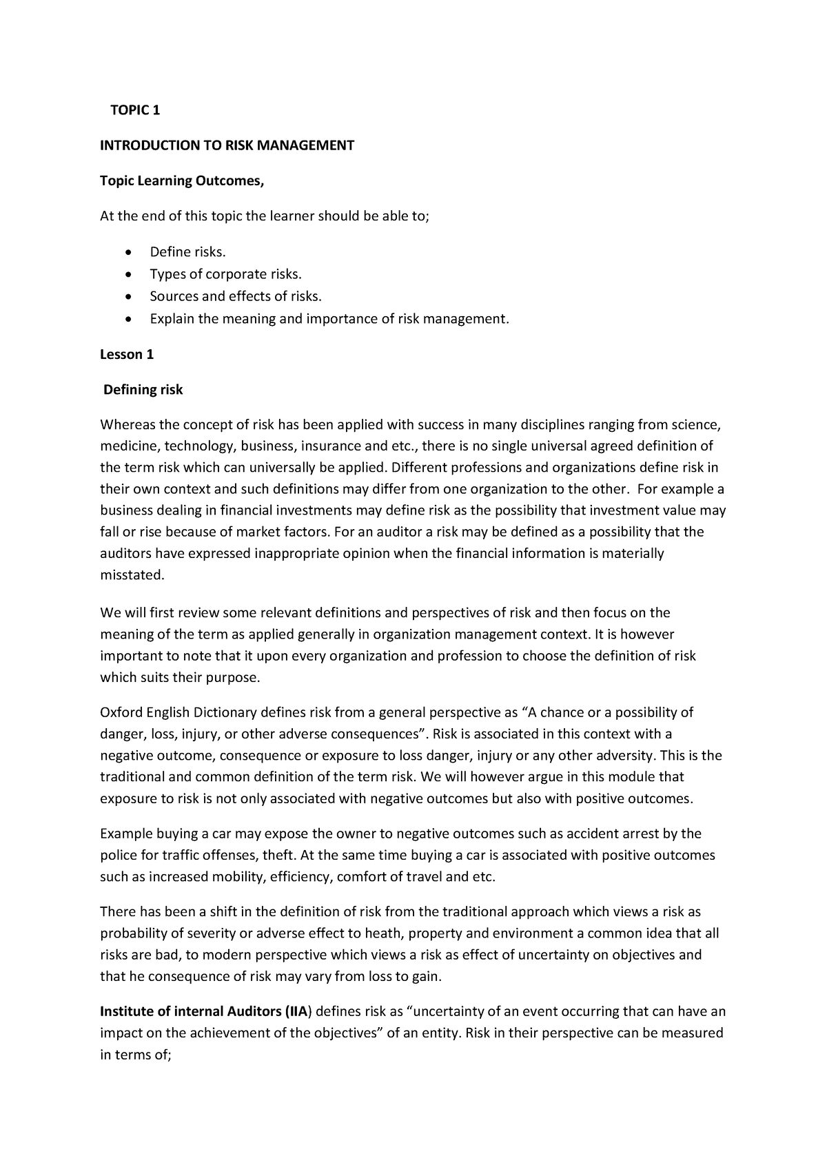 Risk Management - Topic 1 Introduction To Risk Management Topic 