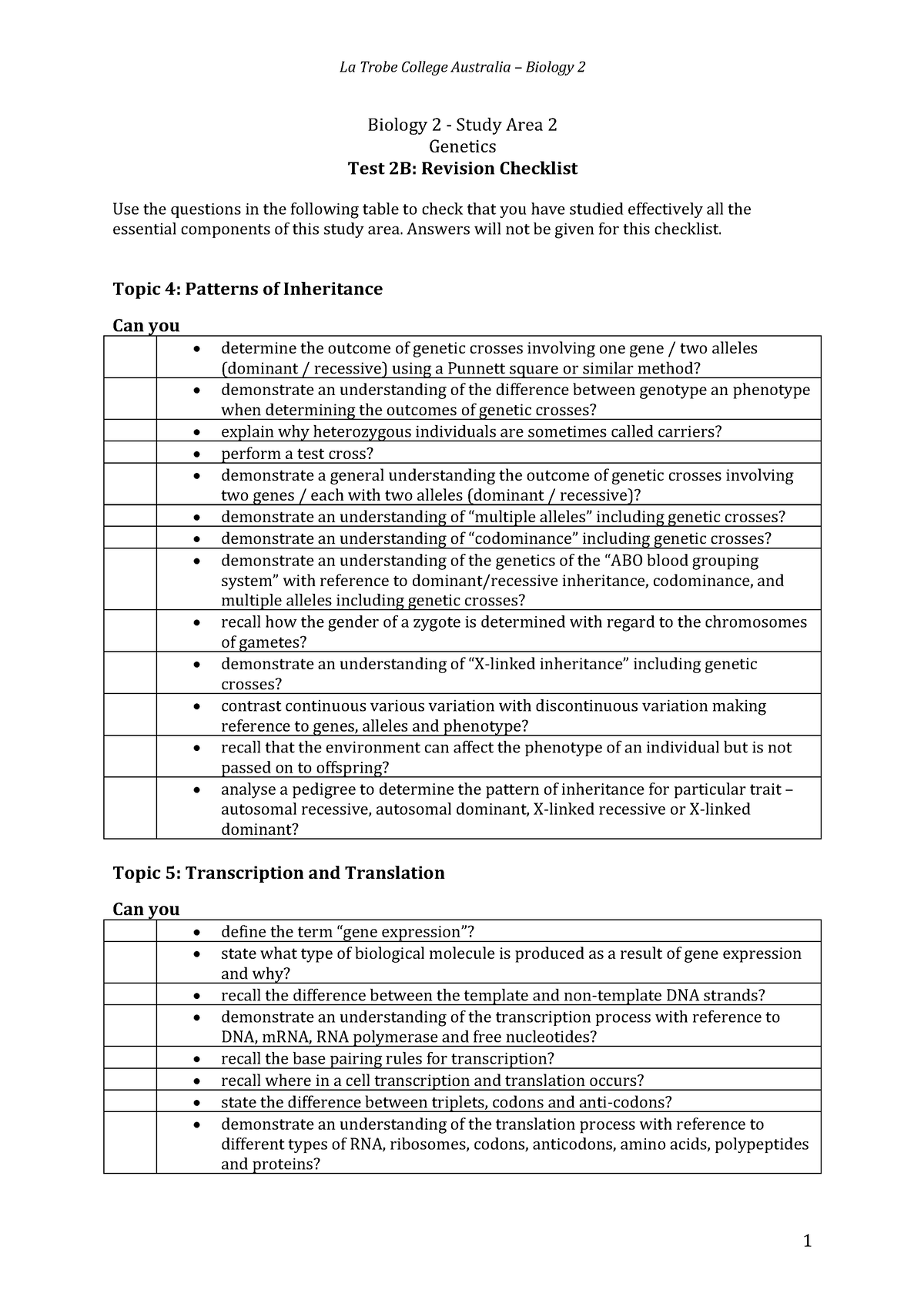 Study Checklist Test 2B - La Trobe College Australia – Biology 2 1