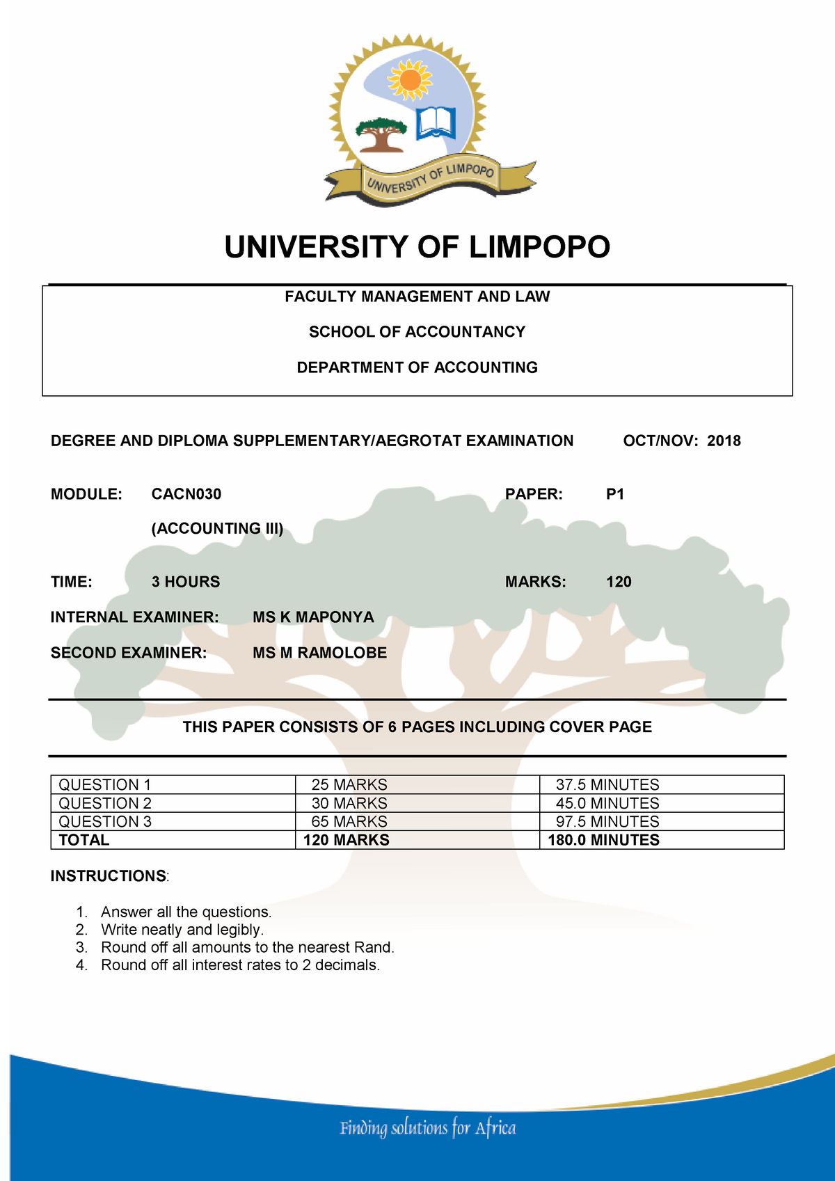 FINAL 16 October 2018, questions UNIVERSITY OF LIMPOPO FACULTY