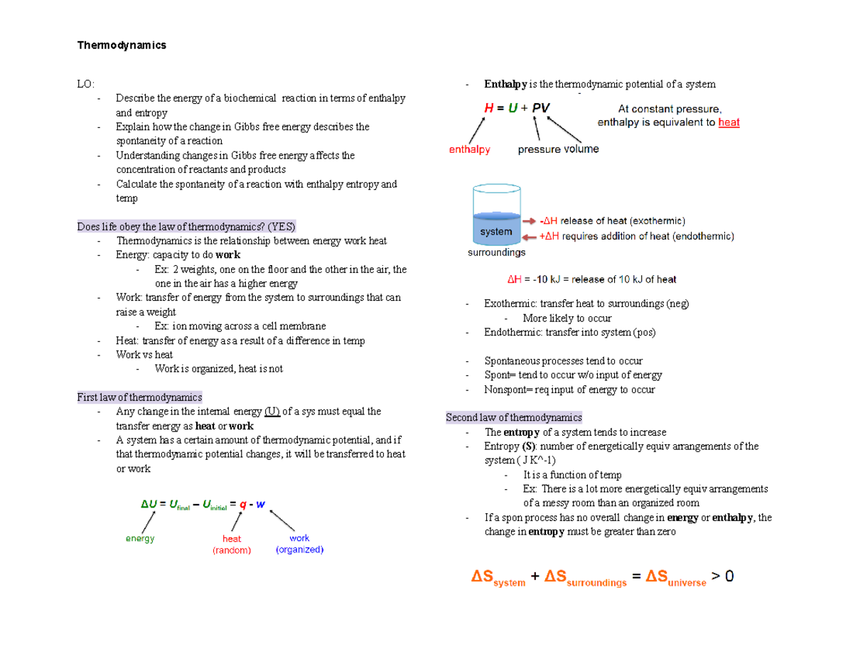 Lecture 1: thermodynamics - Thermodynamics LO: - Describe the energy of ...