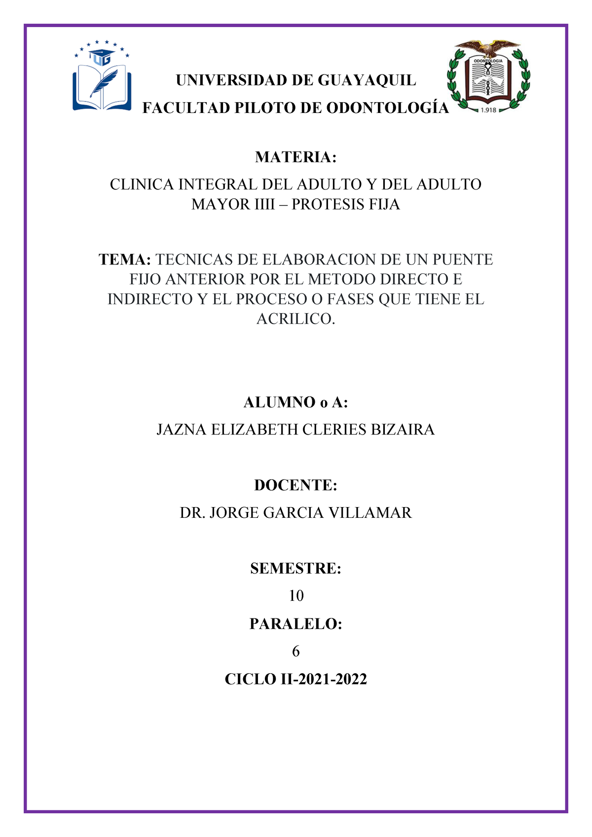 Universidad DE Guayaquil- Tecnicas DE Elaboracion DE UN Puente FIJO ...