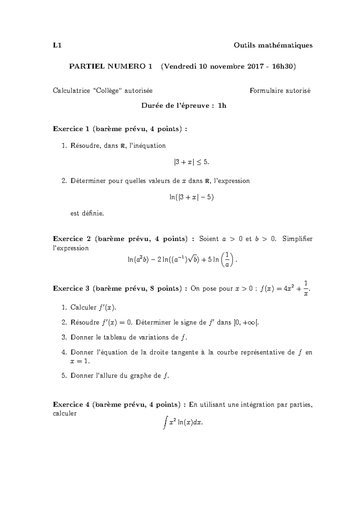 CC n°1 Maths L1 - L1 Licence BST Outils math ́ematiques PARTIEL NUMERO ...