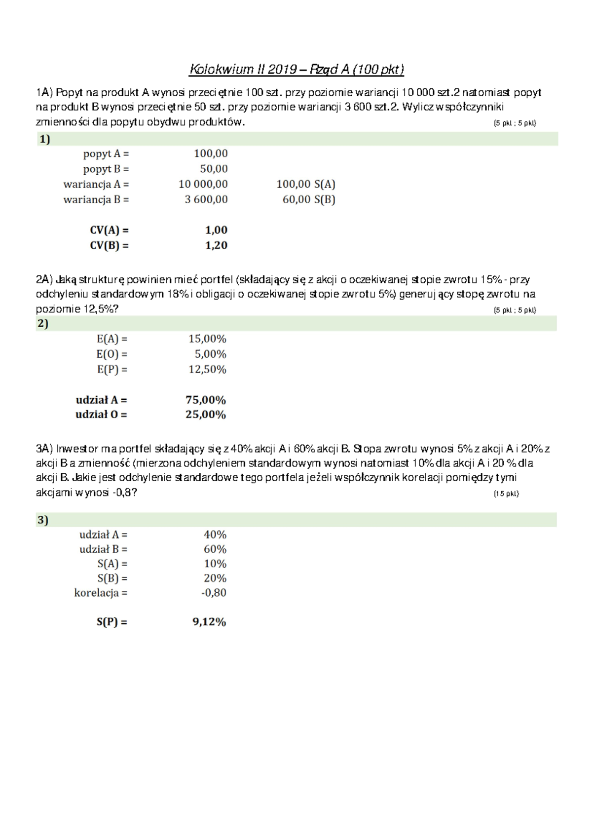 Finanse 2019 Kolokwium 2 Zadania Rozwiazania A - Kolokw Ium II 2019 ...