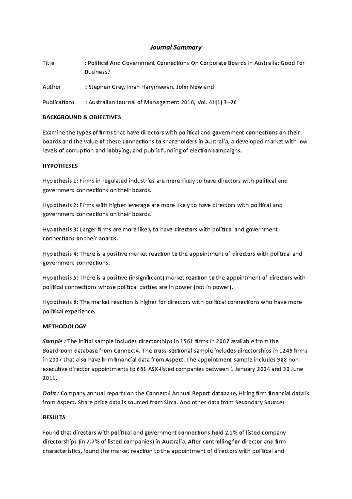 Jurnal summary -Political And Government Connections On Corporate ...