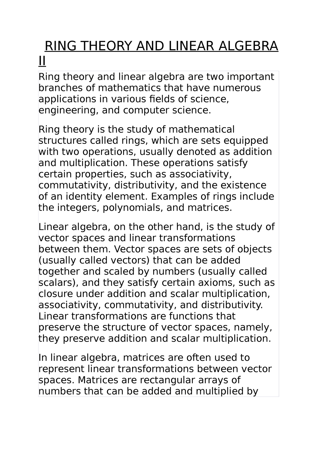 RING Theory AND Linear Algebra II - RING THEORY AND LINEAR ALGEBRA II ...