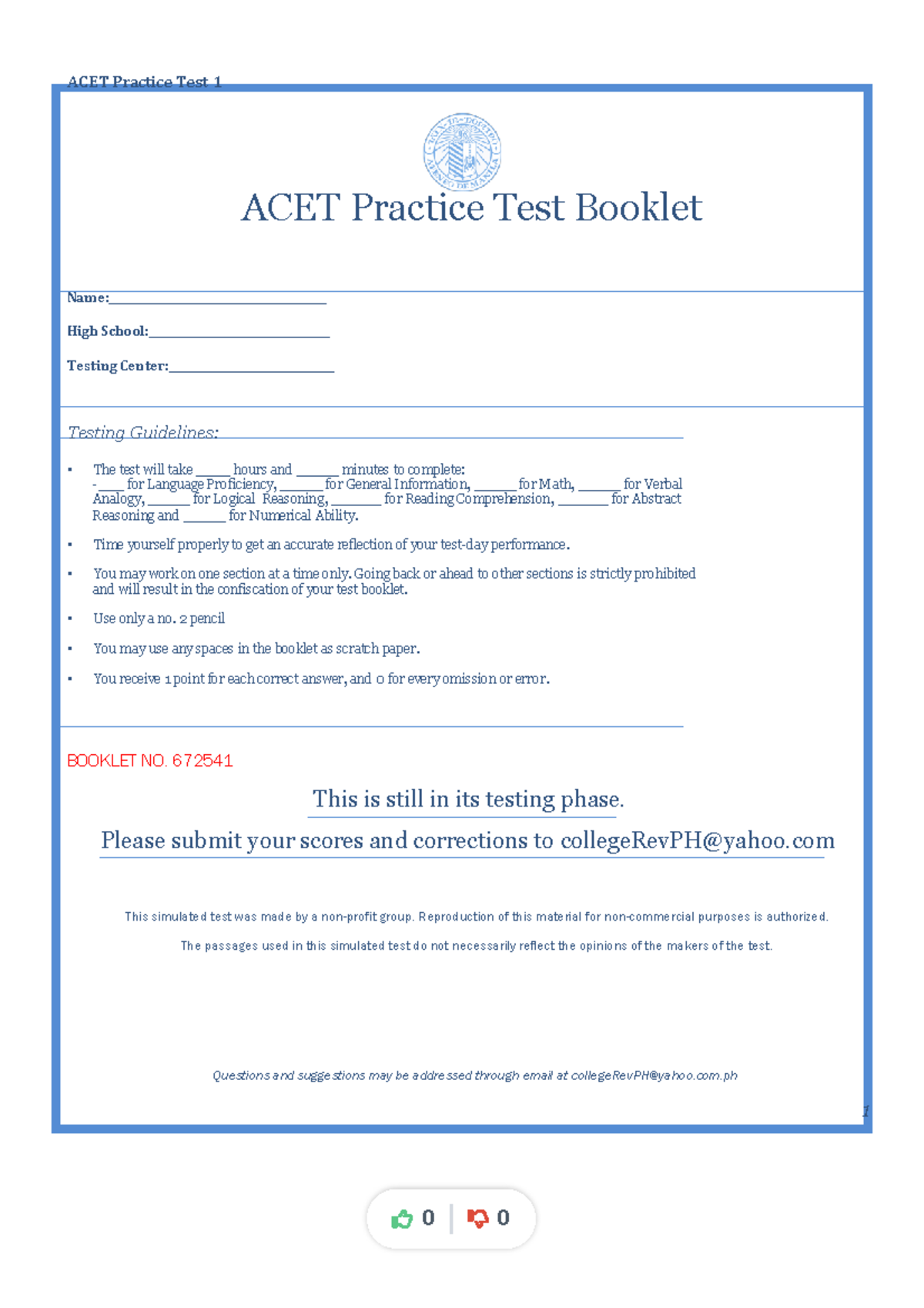 ACE Tpractice - I think - % 1 % % ACET Practice Test Booklet - Studocu