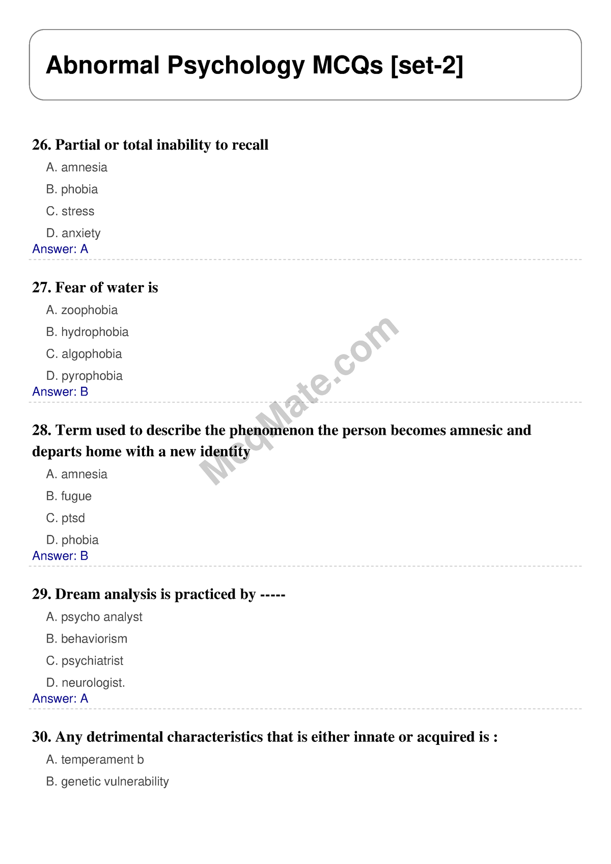 Abnormal Psychology Solved MCQs [set-2] Mcq Mate.com - McqMate Abnormal ...