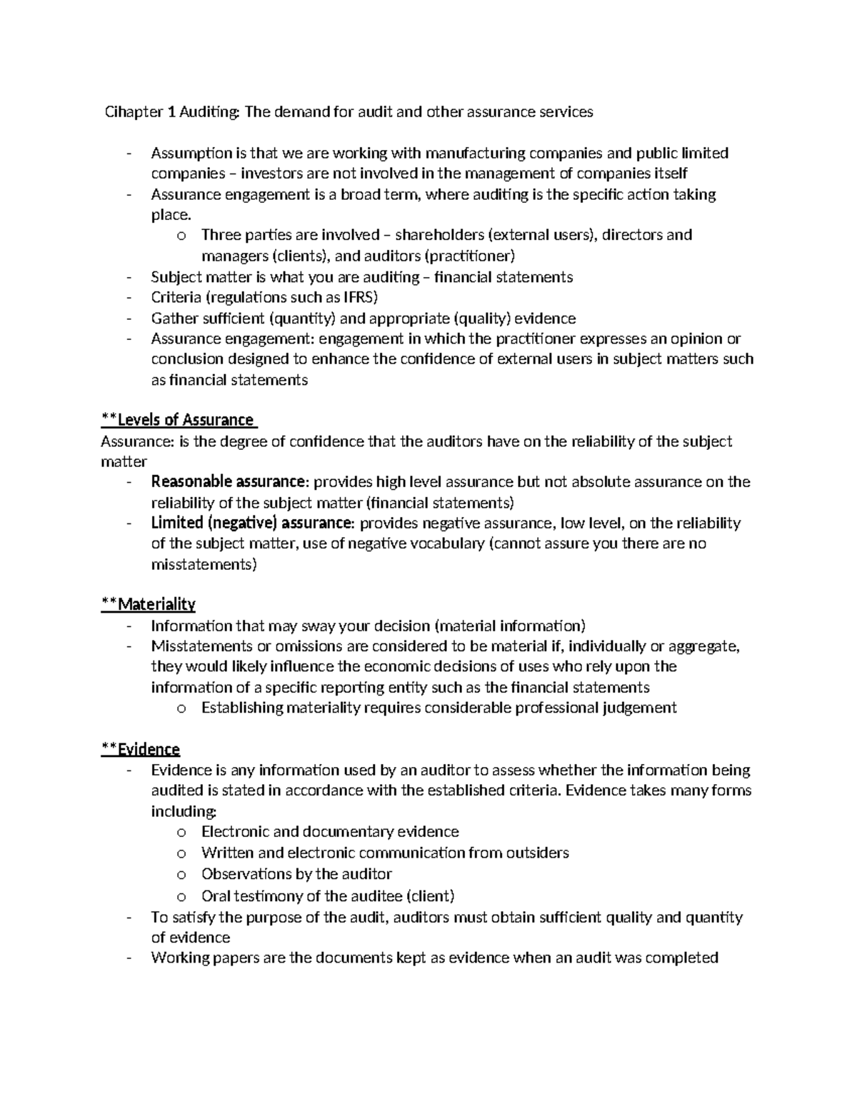 Chapter 1 Notes - Cihapter 1 Auditing: The demand for audit and other ...