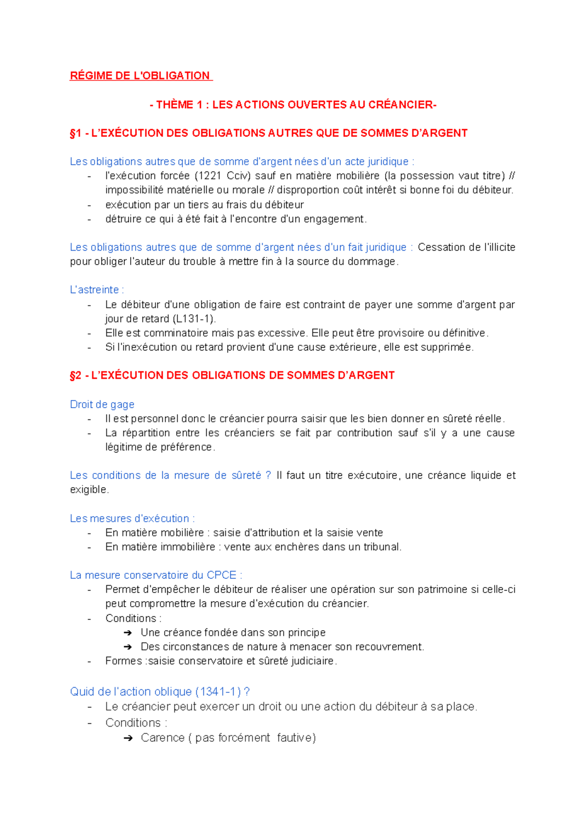 Fiche droit civil RÉGIME DE L'OBLIGATION THÈME 1 LES ACTIONS