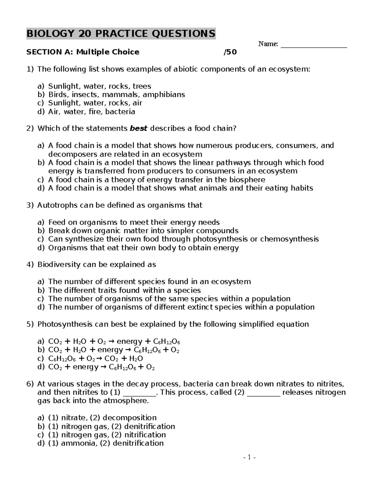 Bio 20 Practice Exam - BIOLOGY 20 PRACTICE QUESTIONS Name ...