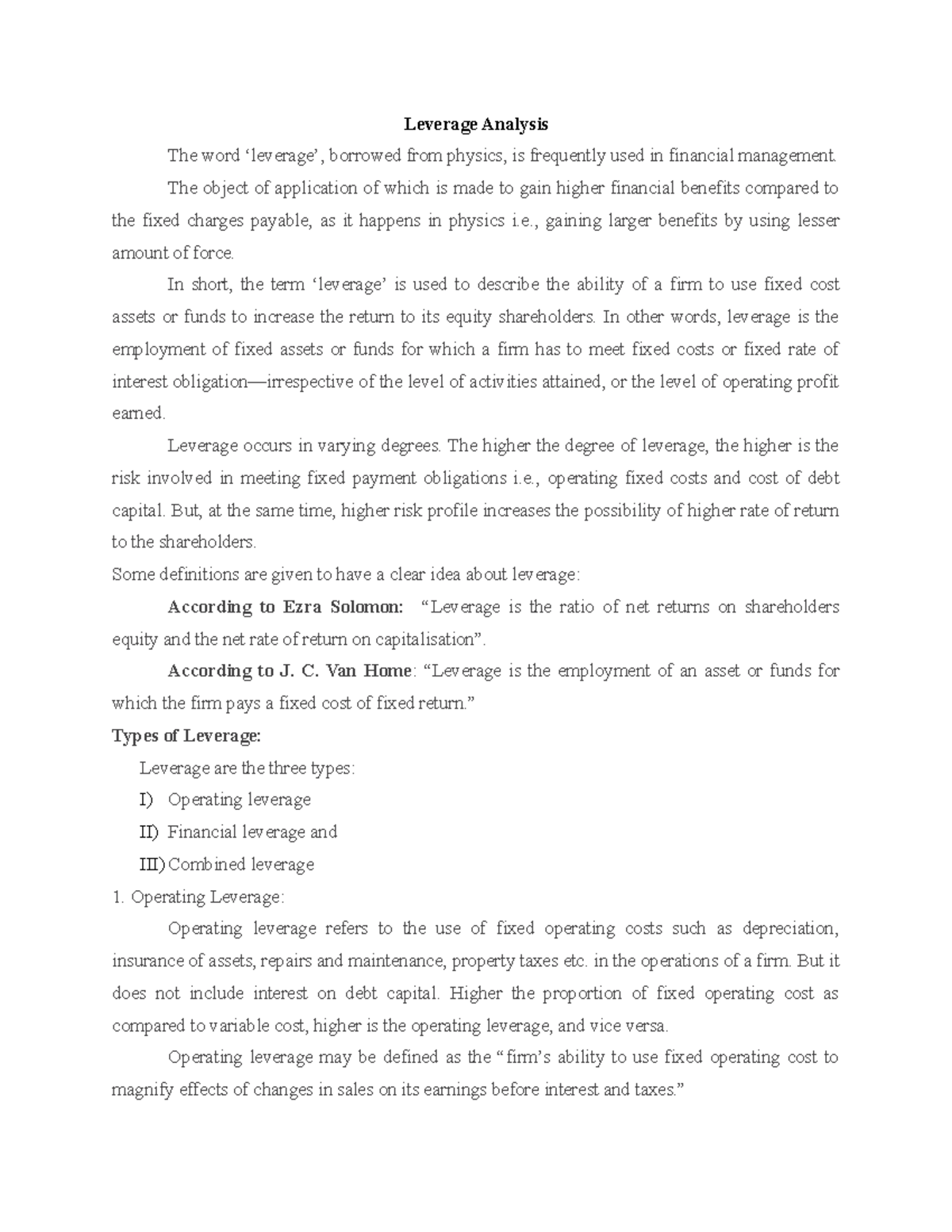 2.3. Ch II.Leverage analysis - Leverage Analysis The word ‘leverage ...