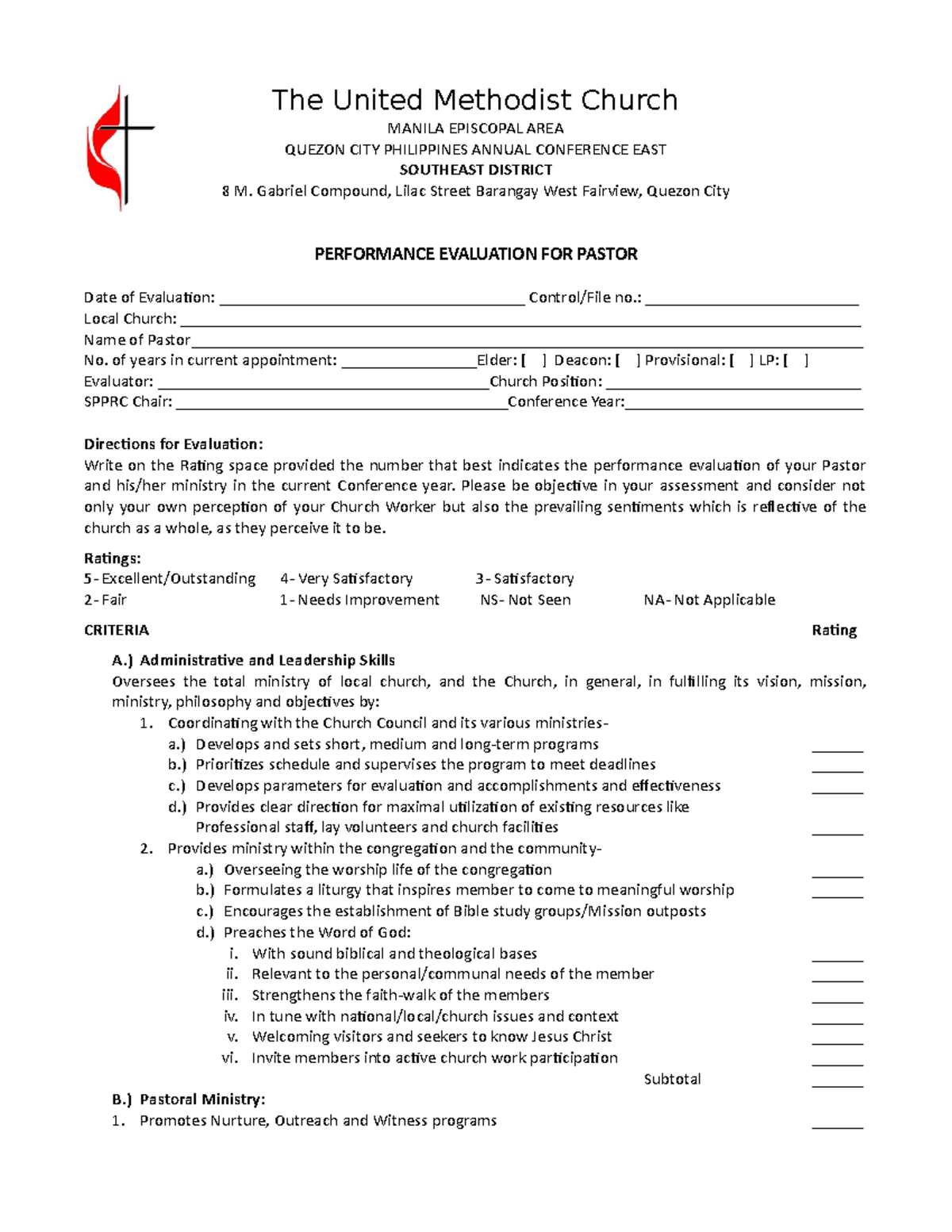 EvaluationforPastor The United Methodist Church MANILA EPISCOPAL