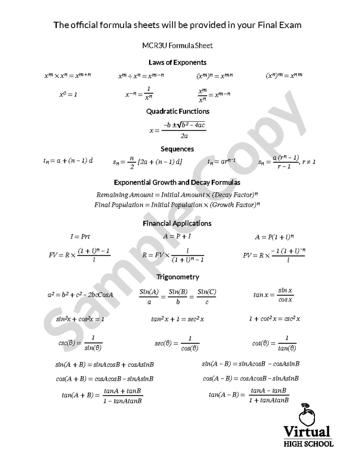 MCR3U Sample Formula Sheet - The Official Formula Sheets Will Be ...