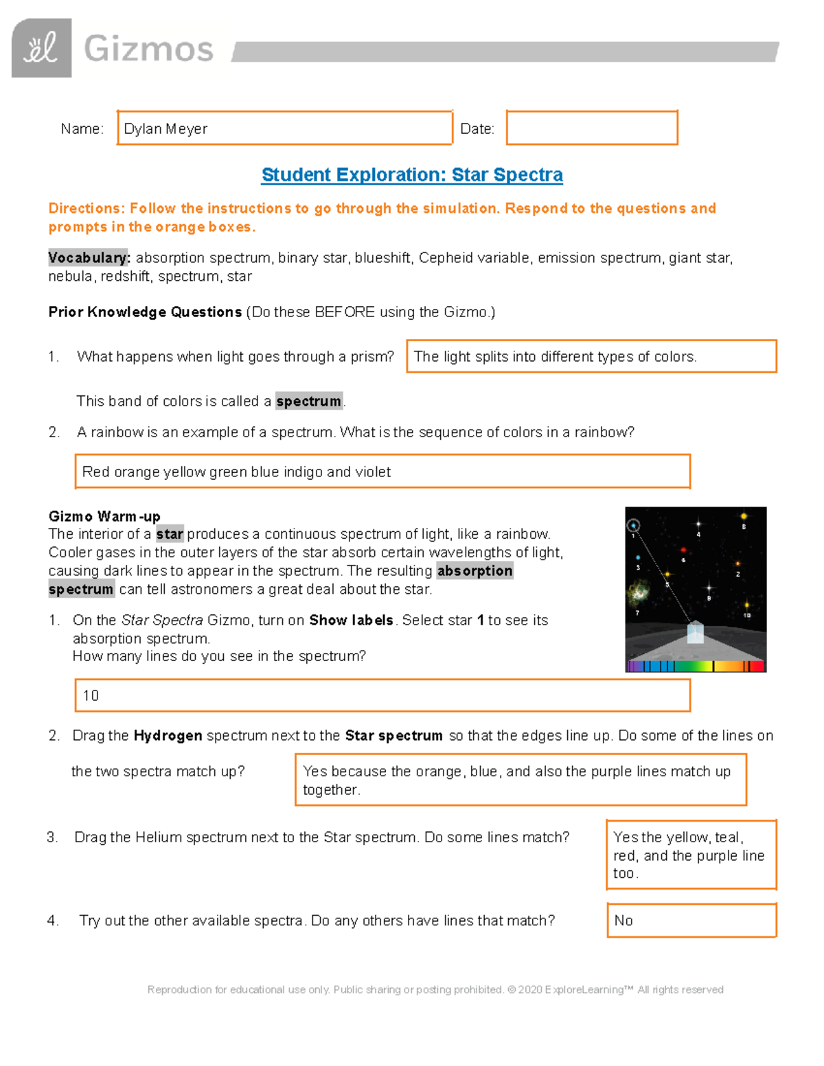 Dylan Meyer - Star Spectra - Name: Dylan Meyer Date: Student ...