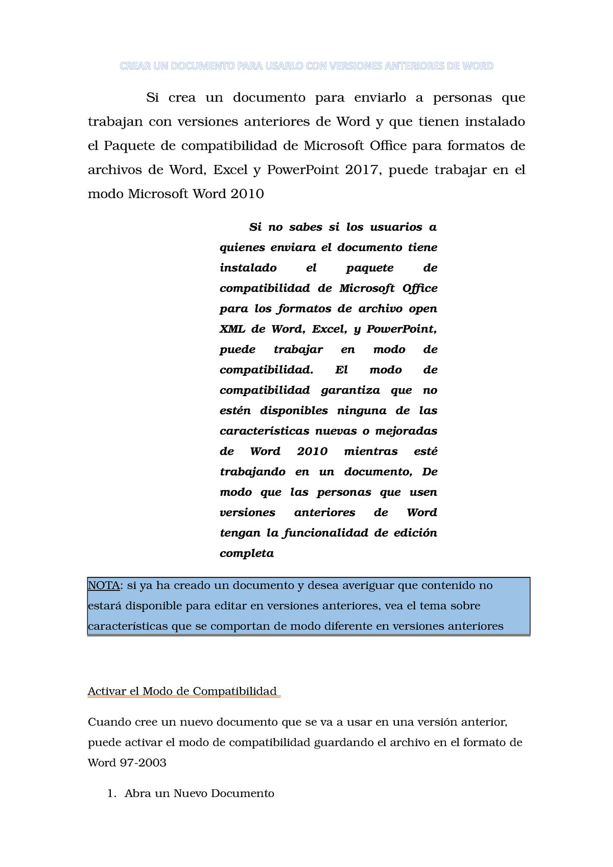 Word2016-TP1-Ej1 Autoasistido - CREAR UN DOCUMENTO PARA USARLO CON  VERSIONES ANTERIORES DE WORD Si - Studocu