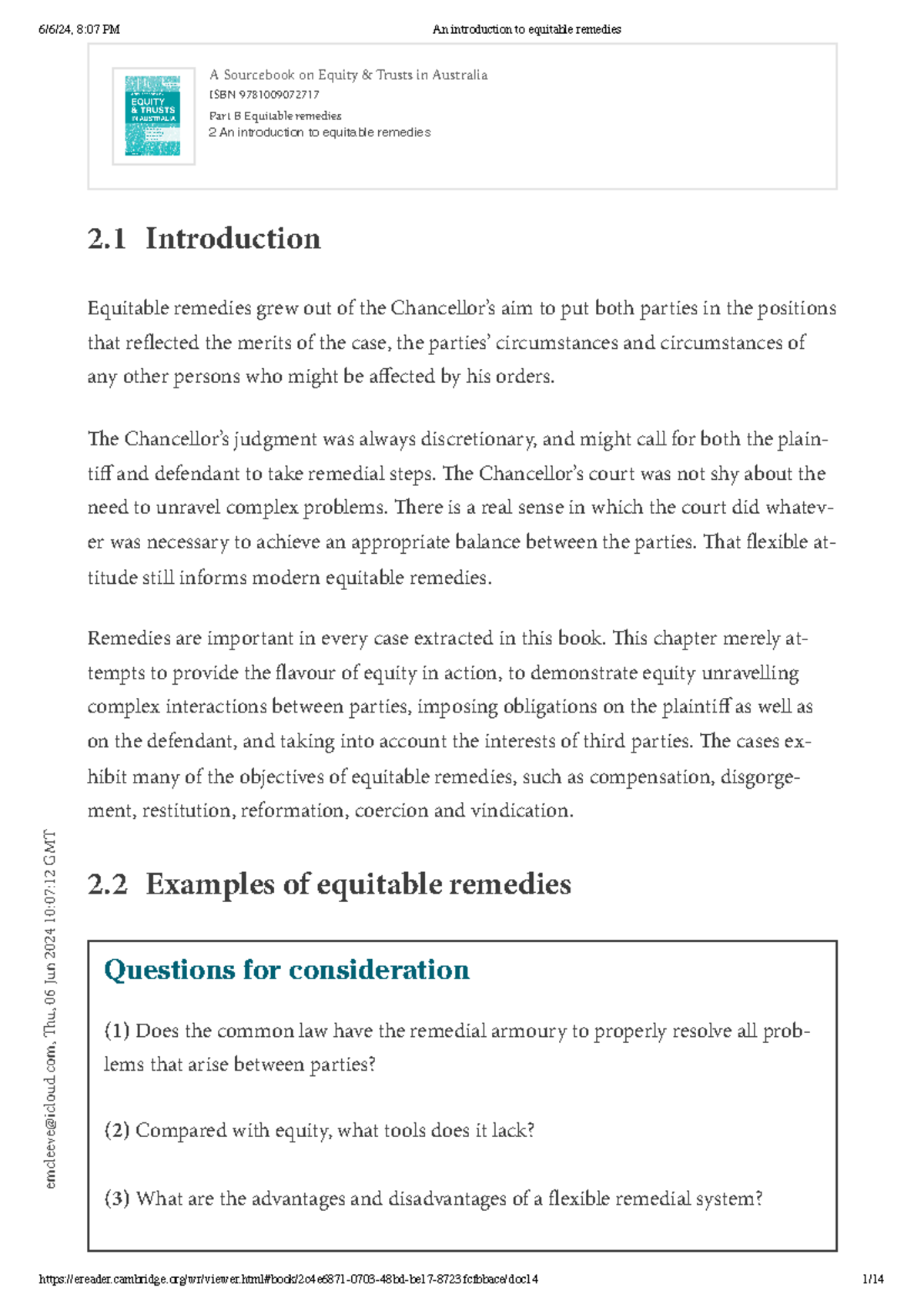 Intro to equitable remedies - A Sourcebook on Equity & Trusts in ...