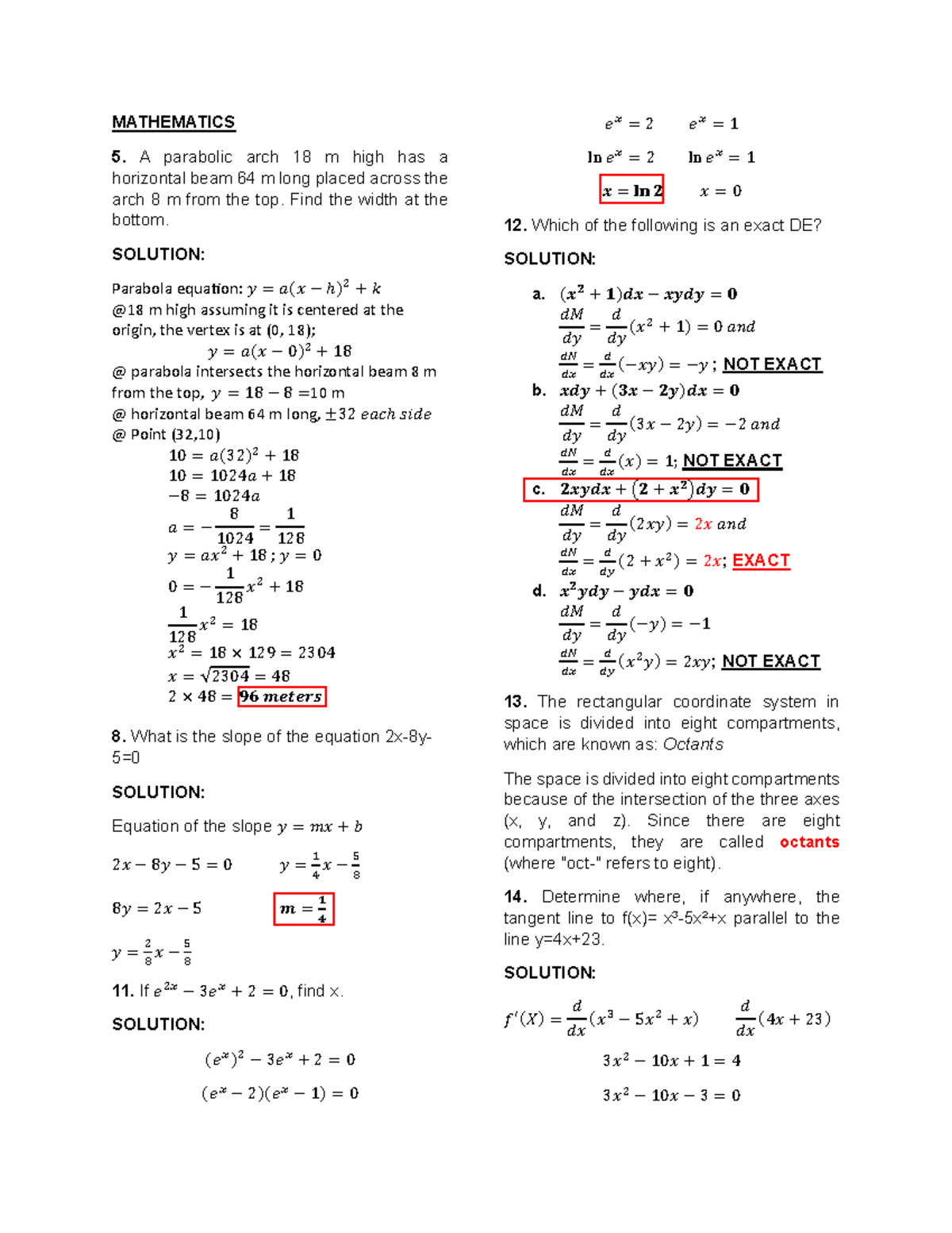 MATHEMATICS PRACTICE SOLVING REVIEW - MATHEMATICS A parabolic arch 18 m ...