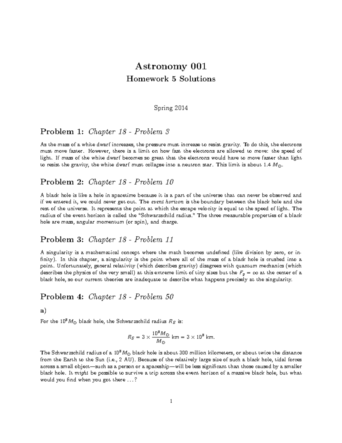 Homework 5 Solutions - Astronomy 001 Homework 5 Solutions Spring 2014 ...