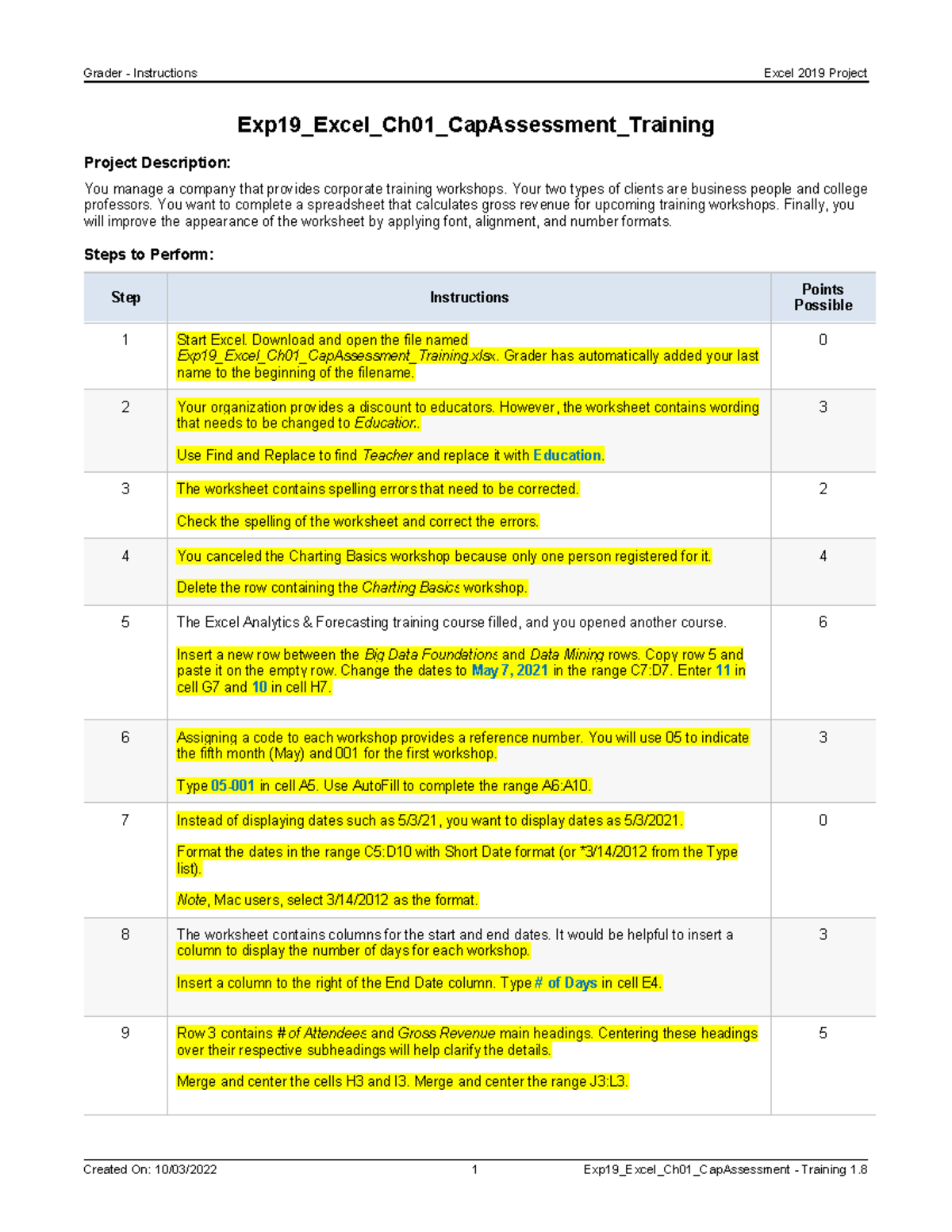 Exp19 Excel Ch01 Cap Assessment Training Instructions - Grader ...