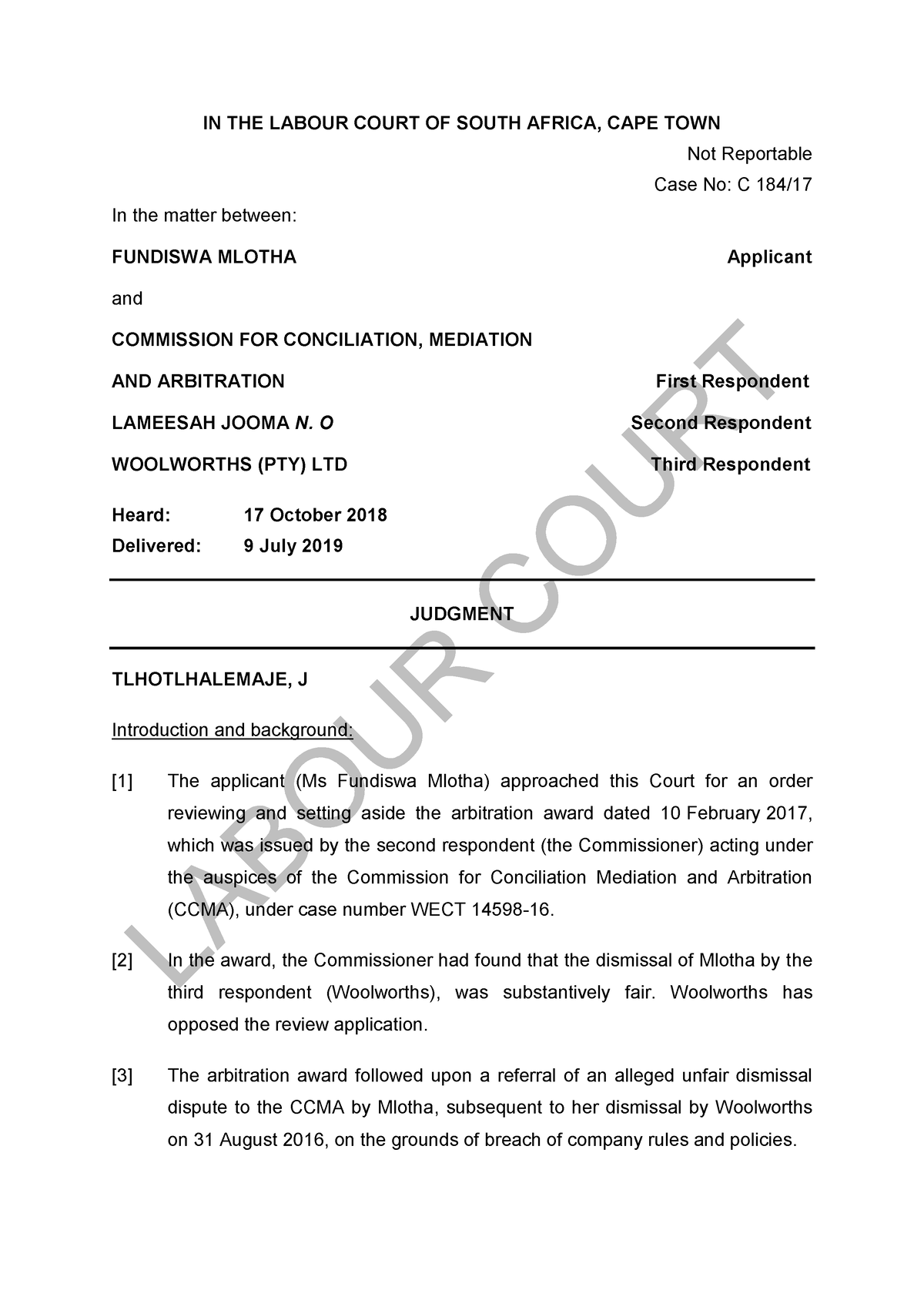 Mlotha v Commission for Concoliation, Mediation nd Arbitration and ...