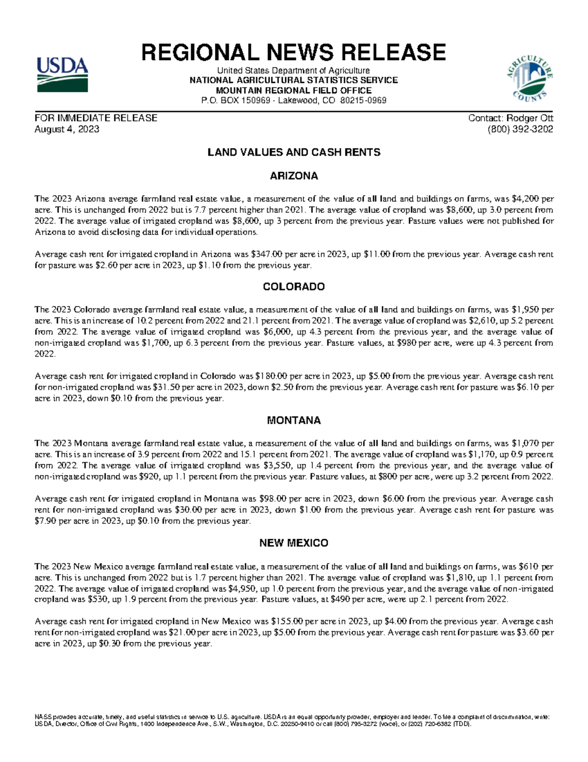 WY Land Values and Cash Rents 08042023 NASS provides accurate, timely